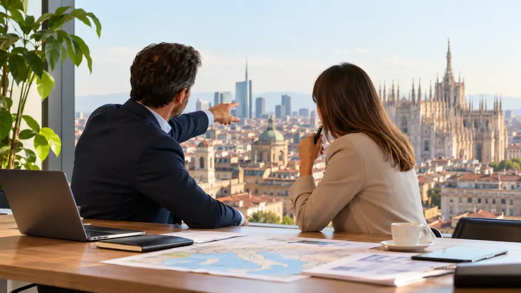 Consultants planning market entry in Italy, looking over Milan